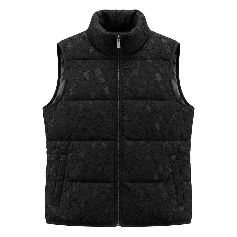 Banana Republic Black Lace Overlay Puffer Vest Solid Jacket Women Size S